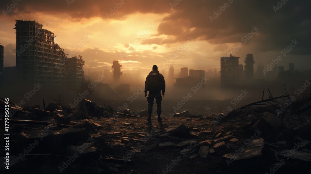Fototapeta premium Lone figure stands amidst the ruins of a city at sunset