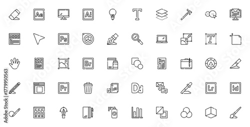 Graphic Designer icon set. Vector tools collection. ncludes symbols for Pen tol, Layers, Adobe, Type, Coor palette, Magic wand, Arboard and more.