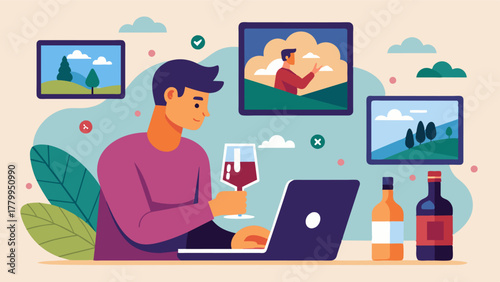 A freelance social media manager browses through photos of wine tastings and vineyards on their laptop brainstorming content ideas for a client who owns a wine cellar.. Vector illustration