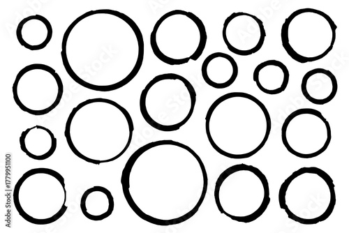 Set of hand drawn marker line circles of varying sizes with jagged, ragged edges. Vector frames, text highlighters, templates, accents, textures, imprints, paint splatters, circles, and ellipses.