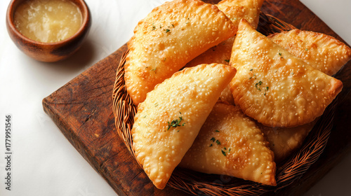 Aquele pastelzinho frito com molho especial servido em uma bandeja rústica sobre uma táboa de corte.