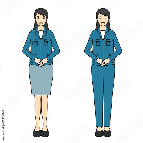 Full-body illustration of a smiling female worker in a blue uniform with hands clasped