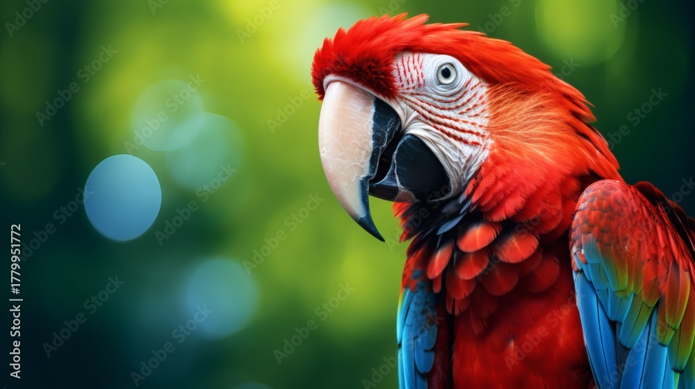 Fototapeta premium Scarlet macaw perched on a branch, vibrant red and blue feathers against a blurred green background