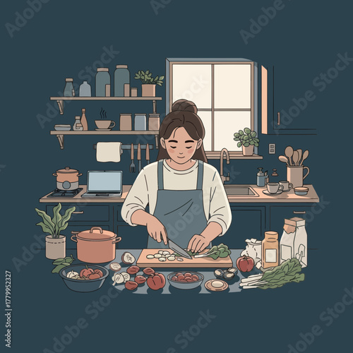 Woman in Apron Chopping Vegetables in Kitchen Illustration 1.