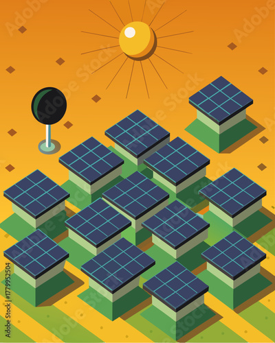 A birds eye view reveals a field of small black squares absorbing the rays of the sun with precision.. Vector illustration