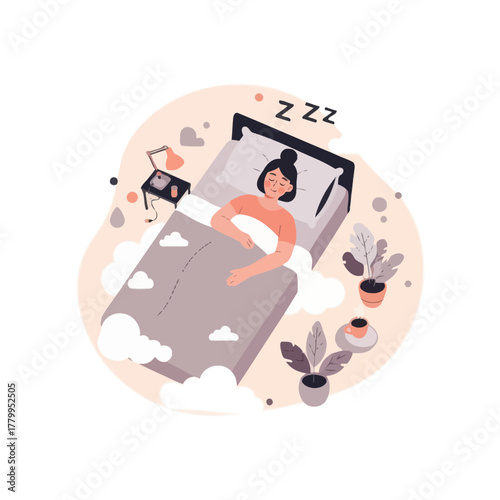 Woman Sleeping Peacefully in Bed with Clouds and Plants Illustration.