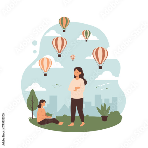 Woman Standing with Arms Crossed Under Hot Air Balloons.