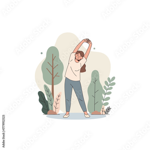 Woman Stretching Arms Overhead Wearing Casual Clothes Outdoor Exercise.