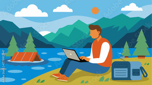 A rugged outdoor enthusiast uses a solarpowered charger to power his laptop situated on a boulder overlooking a serene lake.. Vector illustration