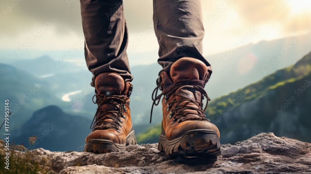 Fototapeta premium Person in brown hiking boots standing on mountain top overlooking valley