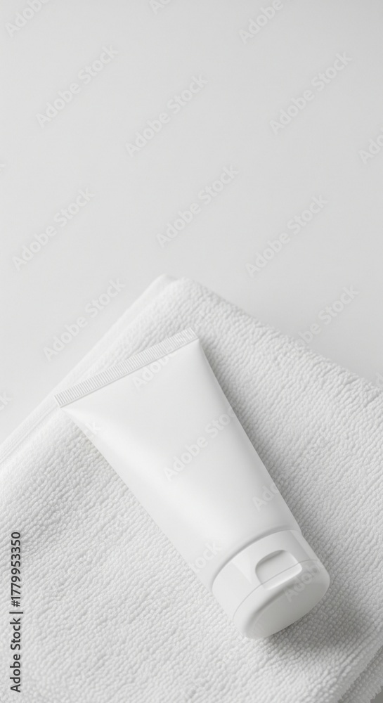 Fototapeta premium White Cosmetic Tube Mockup on Fluffy Towel Minimalist Skincare Template