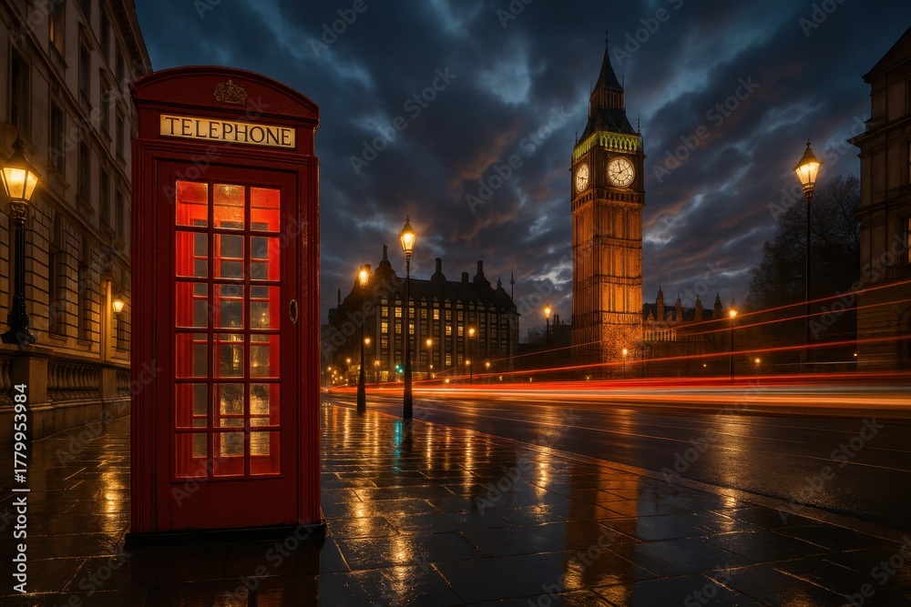 Obraz premium Red telephone booth beside historic clock tower at dusk with glowing city lights