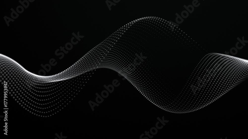 White wave on a blank background. Looping vector wave of white dots. Smooth waves, flowing graphic shapes. Digital monochrome, black background. Illustration with smoke. Smooth water surface. 