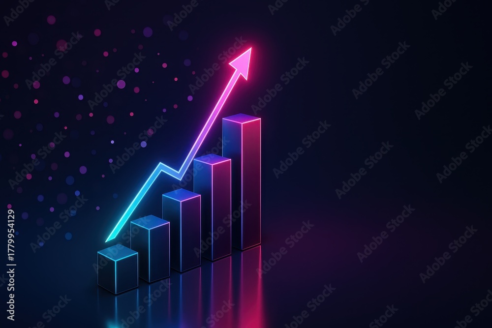 Fototapeta premium Rising 3D business chart with glowing bokeh lines on dark futuristic analytics stage