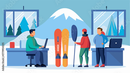 A business meeting taking place in the lodges ski rental shop while skis and snowboards of all sizes decorate the walls.. Vector illustration