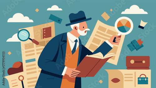 A historian sifts through a collection of old newspapers searching for key articles and moments in history.. Vector illustration