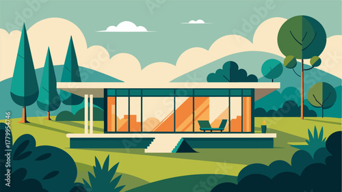 A sleek modern bungalow blends seamlessly into its natural surroundings providing a tranquil environment for productive days.. Vector illustration