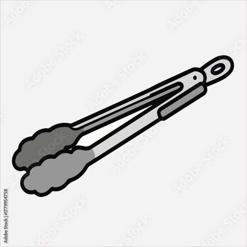 Illustration of a pair of metal tongs on a white background, with a simple and iconic design.