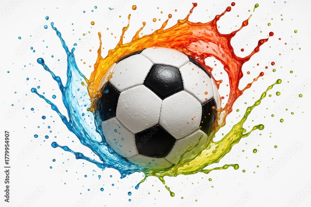 Naklejka premium Soccer ball bursting through vibrant paint water splashes on bright white dynamic motion