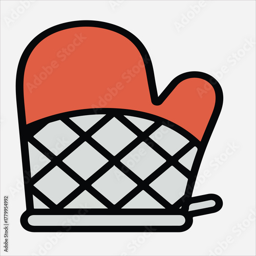A simple illustration of an oven mitt with a red top and gray diamond pattern on a white background.
