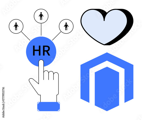 Hand pointing to HR icon with connected people, heart representing care, and hexagonal badge for structure. Ideal for human resources, recruitment, teamwork, strategy, care, organization management
