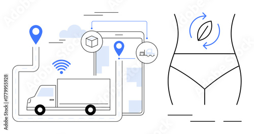 Delivery truck with GPS tracking lines, wireless connectivity, package icons alongside minimalistic body wellness concept. Ideal for logistics, fitness, health, modern tech, shipping, wellness