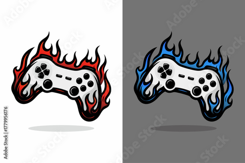 vector gaming controller logo with red or blue fire for logo and gaming brands