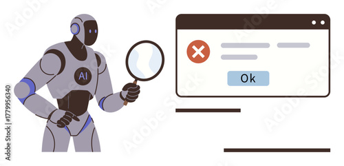 AI robot holding magnifying glass next to browser window displaying error message and OK button. Ideal for technology, artificial intelligence, problem-solving, error analysis, robotics, innovation
