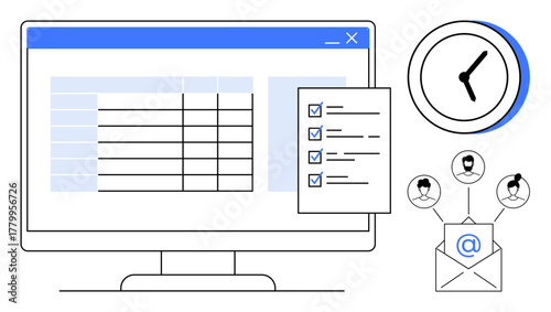 Computer screen with spreadsheet, checklist, clock, email symbol connecting to user avatars. Ideal for productivity, task organization, communication, teamwork planning scheduling workflow. Simple