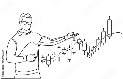 Continuous line illustration of a businessperson analyzing a candlestick chart. Financial market concept showing stock or crypto trading graph, investment strategy, and technical analysis.