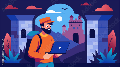A digital nomad explores the secret passageways and hidden rooms of the castle using their laptop to capture photos and videos for their travel blog.. Vector illustration