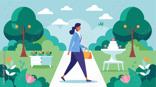A freelance event planner walks through the garden imagining potential layouts for a wedding or corporate event.. Vector illustration
