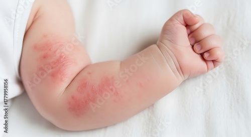 Closeup of a babys arm with eczema, showcasing the skin condition on white background, raising awareness about infant skin health and care