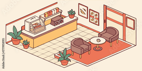 Cozy cafe interior with display counter, seating area, and potted plants, perfect for creating inviting commercial spaces and lifestyle scenes.