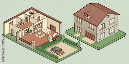 Discover the perfect modern home design with a detailed isometric view showcasing living spaces, a garage, and a charming exterior perfect for real estate concepts.