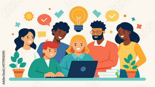 A diverse group of coworkers working collaboratively on a project incorporating ideas and practices from their respective cultural backgrounds.. Vector illustration