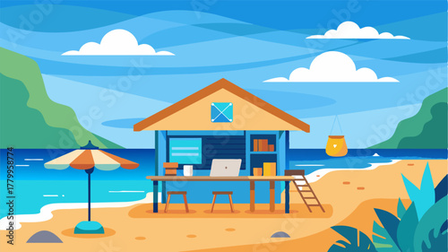 A cozy beach cottage with a makeshift office set up on the veranda overlooking a serene blue ocean and a vibrant bustling village below.. Vector illustration