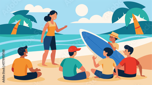 A group of surf instructors giving lessons to beginners in the gentle waves of the islands beach.. Vector illustration