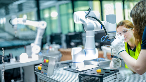 Fotografi robotics engineer in an R&D lab performs diagnostics on an AI-driven collaborative robot (cobot)