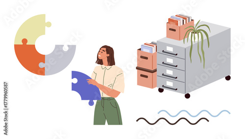 Woman holding puzzle piece near filing cabinets with documents and plants. Ideal for organization, problem solving, productivity, creativity, teamwork, data management, filing. Simple flat metaphor