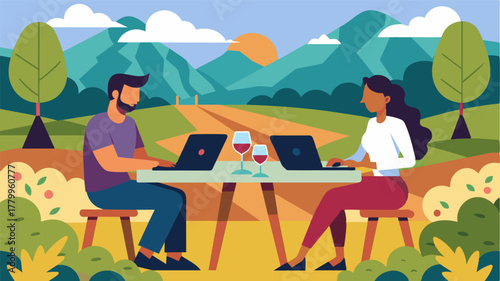 A couple works on their laptops while sitting at a picnic table a the gvines.. Vector illustration