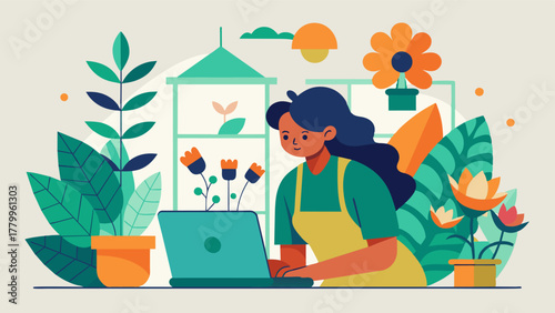 A freelancer works on designing a website for a local greenhouse taking inspiration from the vibrant flowers and intricate vines around them.. Vector illustration