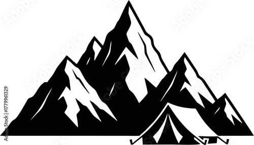 Black and white silhouette icon of a camping tent at the base of a jagged mountain range, symbolizing outdoor adventure and wilderness exploration