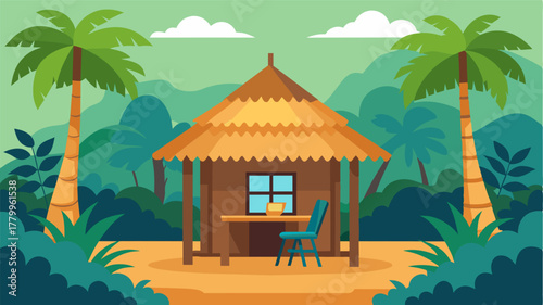 A rustic cabin with a thatched roof equipped with a sy desk and a comfortable swivel chair offering a peaceful oasis for remote work in the heart of the rainforest.. Vector illustration