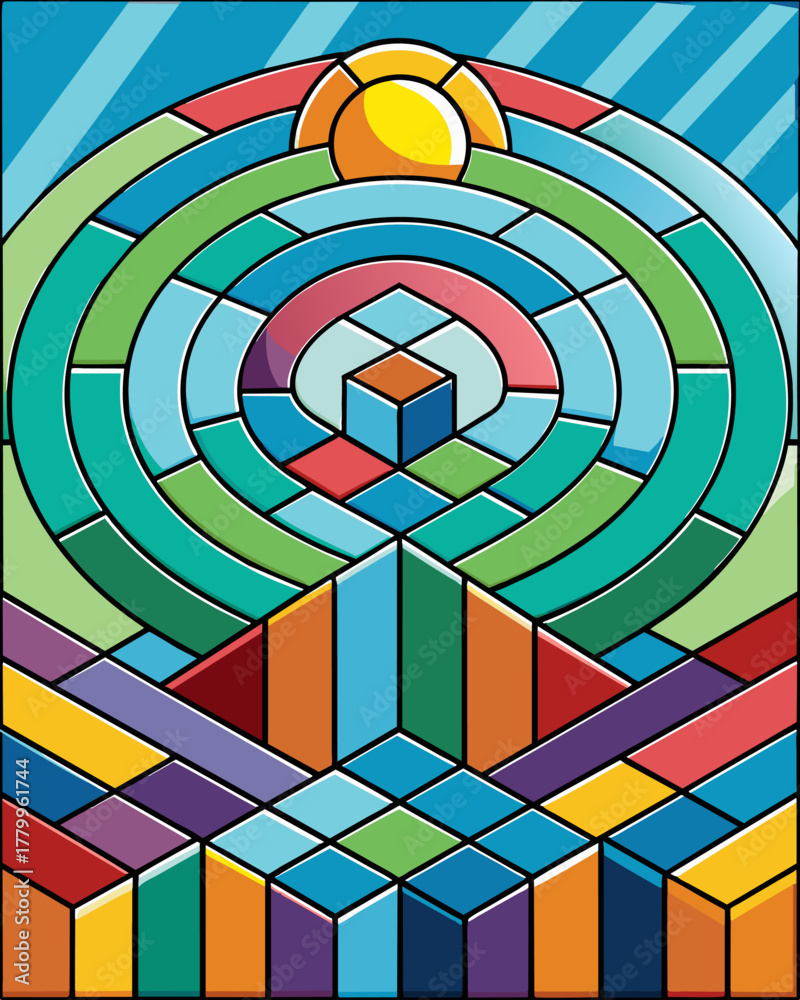 Fototapeta premium A colorful stained glass labyrinth with paths created from different sizes and shapes of solar panels.. Vector illustration