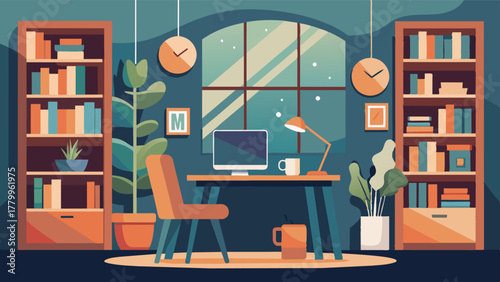 A cozy corner with floortoceiling bookshelves provides a quiet and serene spot for employees to curl up with a cup of coffee and work remotely.. Vector illustration