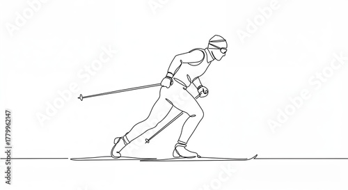 A dynamic cross-country skier in a minimalist single-line style propels forward with poles, wearing a full ski suit, goggles, and hat against a clean white background.