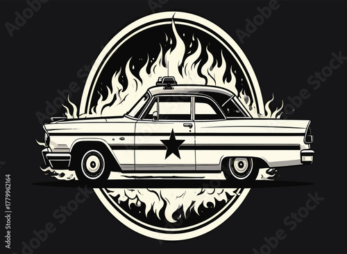 Vintage police car engulfed in flames within a circular emblem Keywords: police car, vintage car, classic car, retro