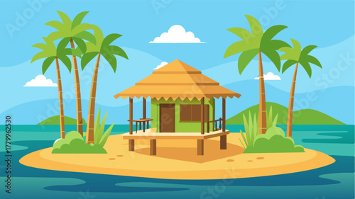 A simple yet elegant bamboo hut situated on a secluded beach providing a tranquil spot for remote work.. Vector illustration