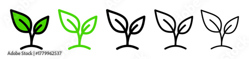 Set of sprout icons in outline flat styles. Vector illustration of spring symbols in black and green colors.